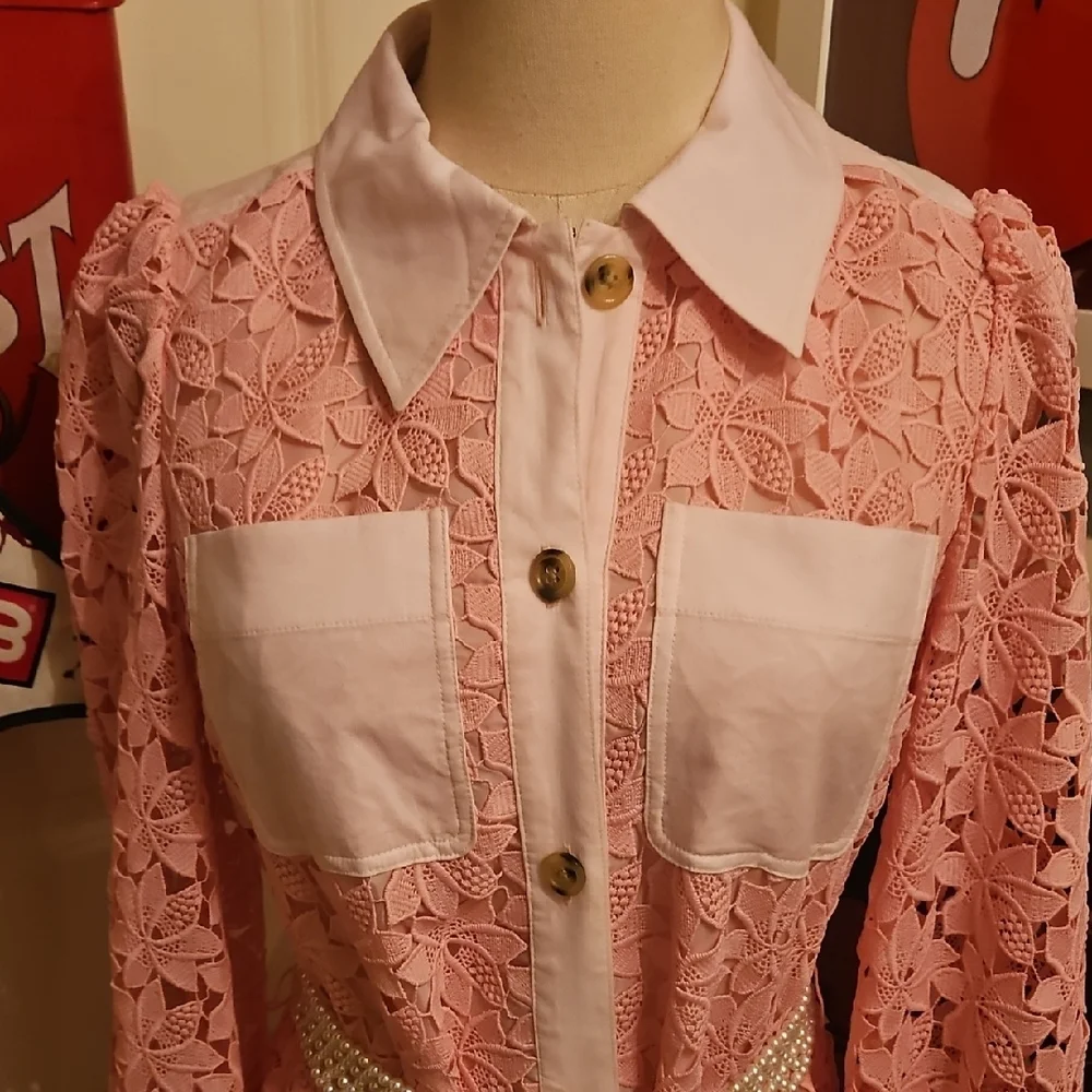 kate spade Pink Lace Long-Sleeve Shirt Dress with White Collar & Pockets - Picture 2 of 7